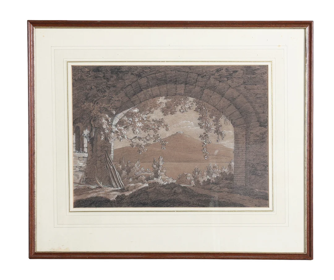 BRITISH SCHOOL 18TH / 19TH CENTURY, VIEW THROUGH A STABLE OF A HILLSIDE. — Paintings — Bishop & Miller