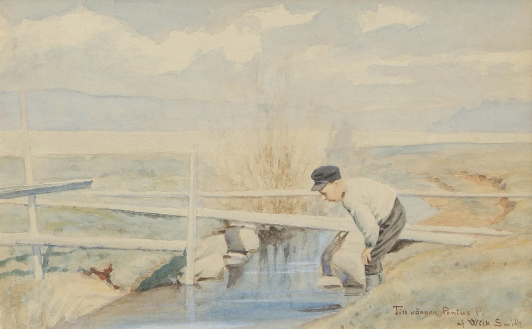 WILHELM SMITH. Akvarell, pojke vid bäck, signerad med dedikation. — Paintings — Ekenbergs Auktioner