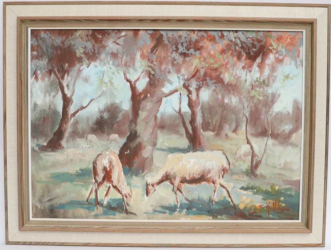 OIDENTIFIERAD KONSTNÄR. Landskap med djur, oljemålning på duk, otydligt signerad. — Paintings — Falun Auktionsbyrå
