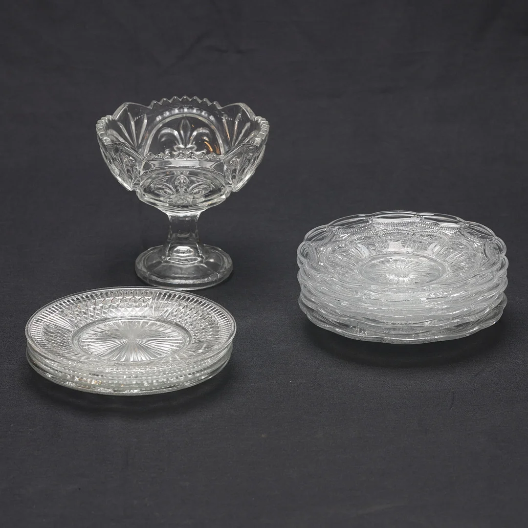 GLASASSIETTER OCH SKÅL. 11 delar, vintage. — Utility glass — Gomér & Andersson Jönköping