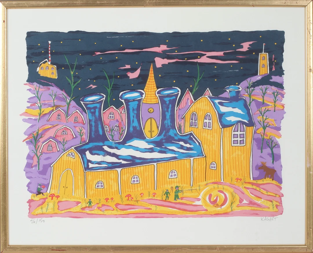 MIKAEL KAGART. "Sundsvallsfabrik", färglitografi, signerad och numrerad 26/150. — Engravings & Prints — Stadsauktion Sundsvall