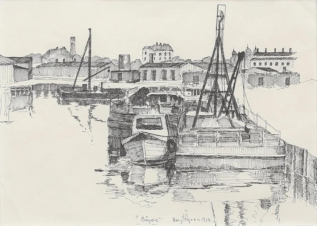 BENGT ÅGREN. "Bågen", Kalmar. Tuschteckning, signerad och daterad 1964. — Drawings — Auktionshuset Thelin & Johansson
