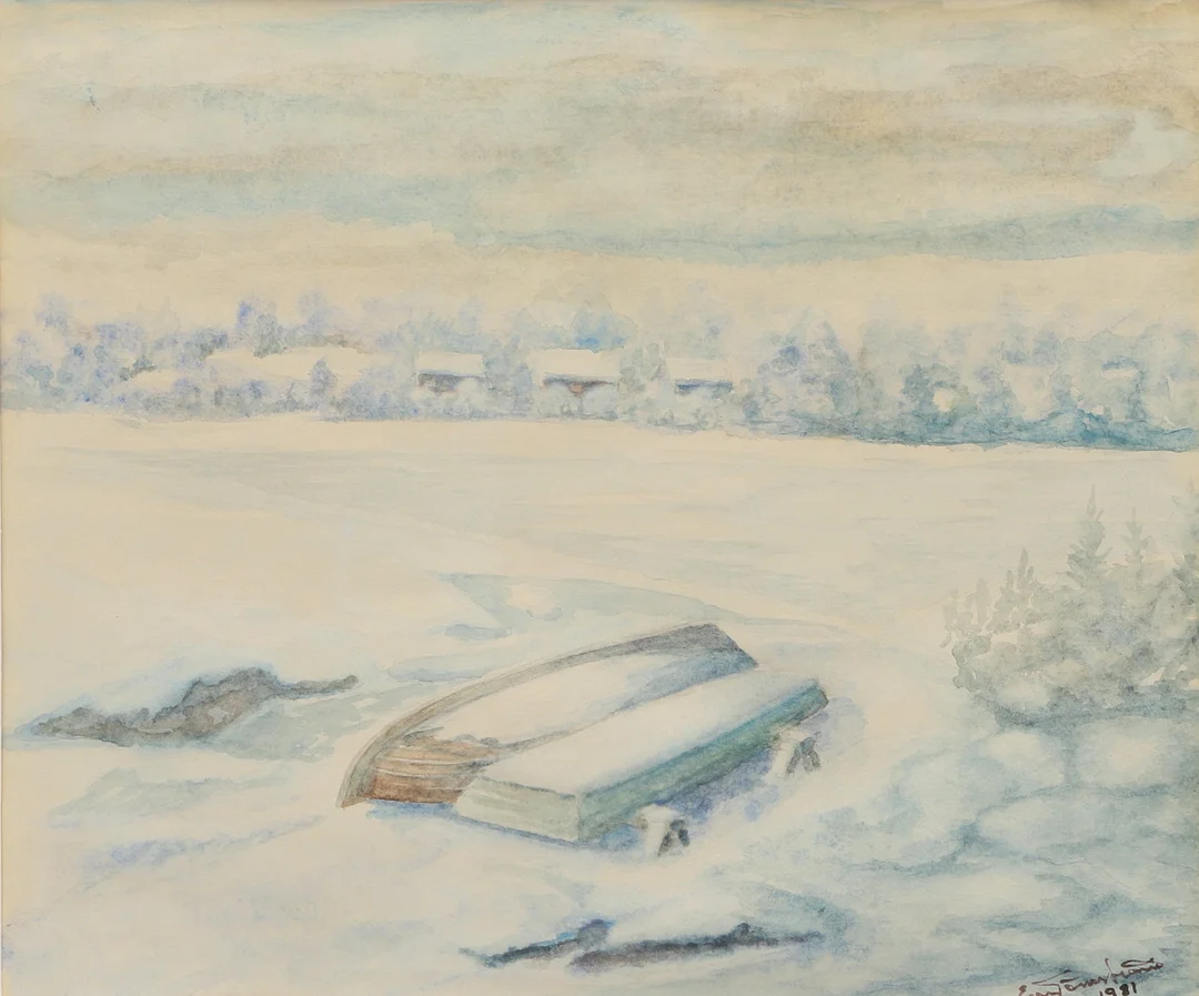 OIDENTIFIERAD KONSTNÄR. Akvarell, vinterlandskap, signerad och daterad 1981. — Paintings — Ekenbergs Auktioner