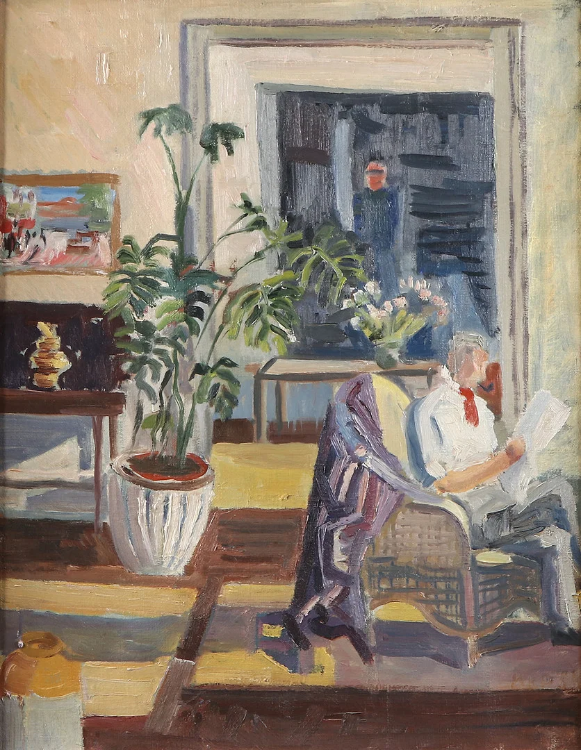 OIDENTIFIERAD KONSTNÄR, OTYDLIGT SIGNERAD. Oljemålning på duk. Interiör med läsande man. — Paintings — Skånes Auktionsverk