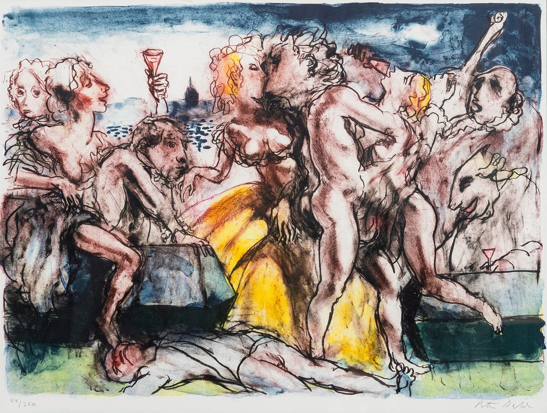 PETER DAHL. "Fredmans följe", färglitografi ur mappen "Fredmans epistlar", signerad, numrerad 54/350. — Engravings & Prints — Auktionshuset Kolonn