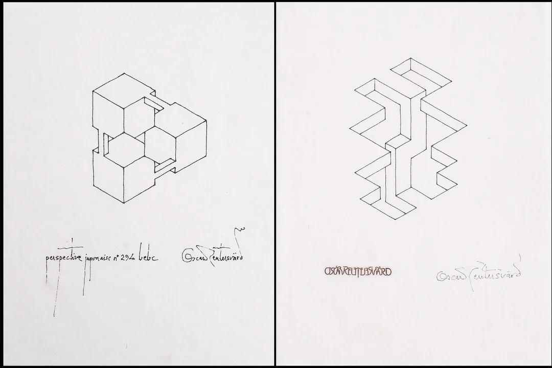 OSCAR REUTERSVÄRD (Sverige, 1915-2002), (2), Perspective japonaise No 294, signerad, teckningar på vitt japanpapper. — Paintings — Crafoord Auktioner Stockholm