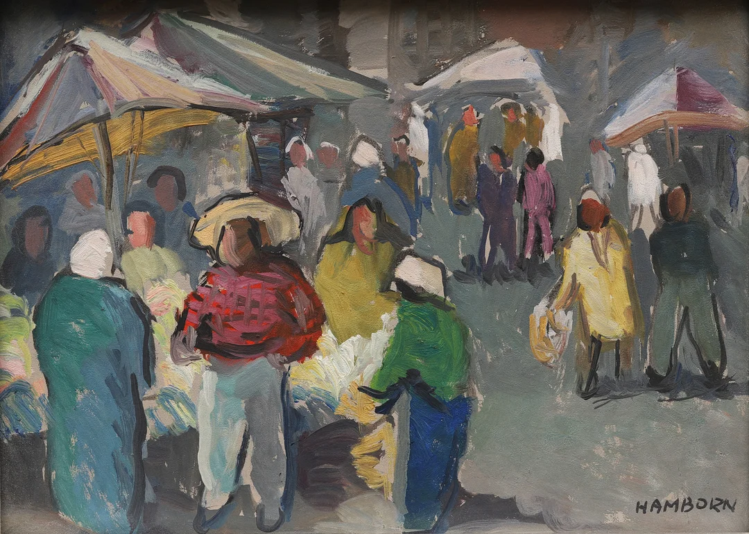 AXEL HAMBORN. Marknadsscen, gouache på kartongpanå. — Paintings — Crafoord Auktioner Malmö