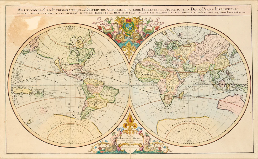 KARTA. "Mappe-Monde Geo-Hydrographique, ou Description Generale du Globe Terrestre et Aquatique en Deux Plans-Hemispheres", Alexis Hubert Jaillot & Nicolas Sanson, 1691. — Maps — Uppsala Auktionskammare
