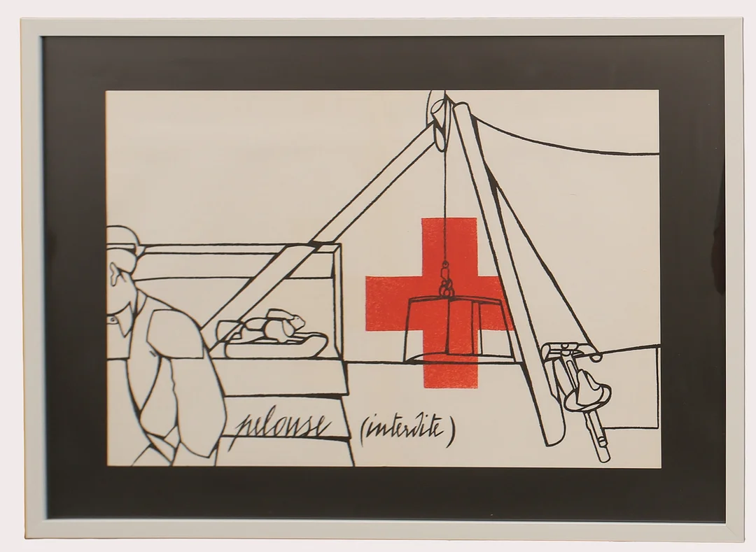 VALERIO ADAMI. Efter, Litografiskt tryck ur mappen Derriere Le Miroir, komposition med rött kors, nr 214 år 1975. — Engravings & Prints — Limhamns Auktionsbyrå