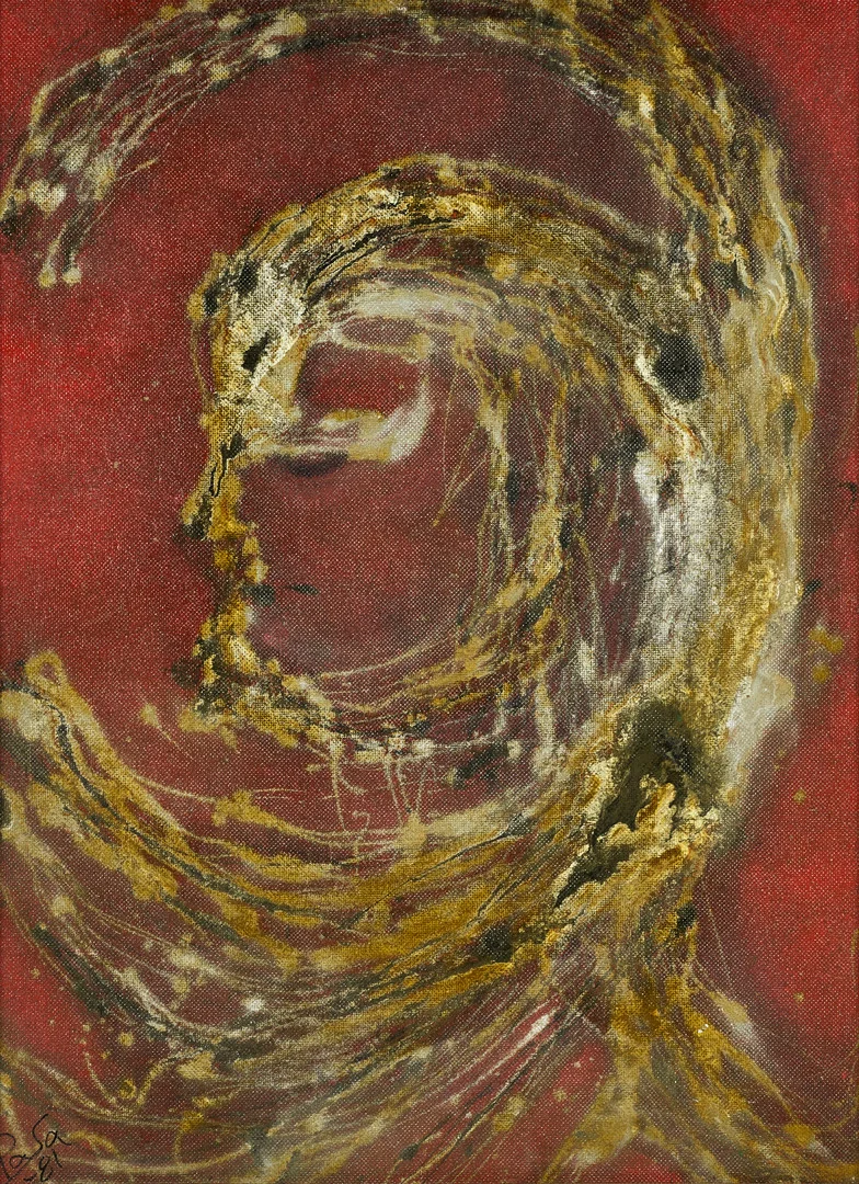 AMADEU PALLARÈS-LLEÓ (1917-2002). "Visitante" (besökare/gäst), signerad och daterad 81, bandteknik med olja på pannå. — Paintings — Crafoord Auktioner Stockholm