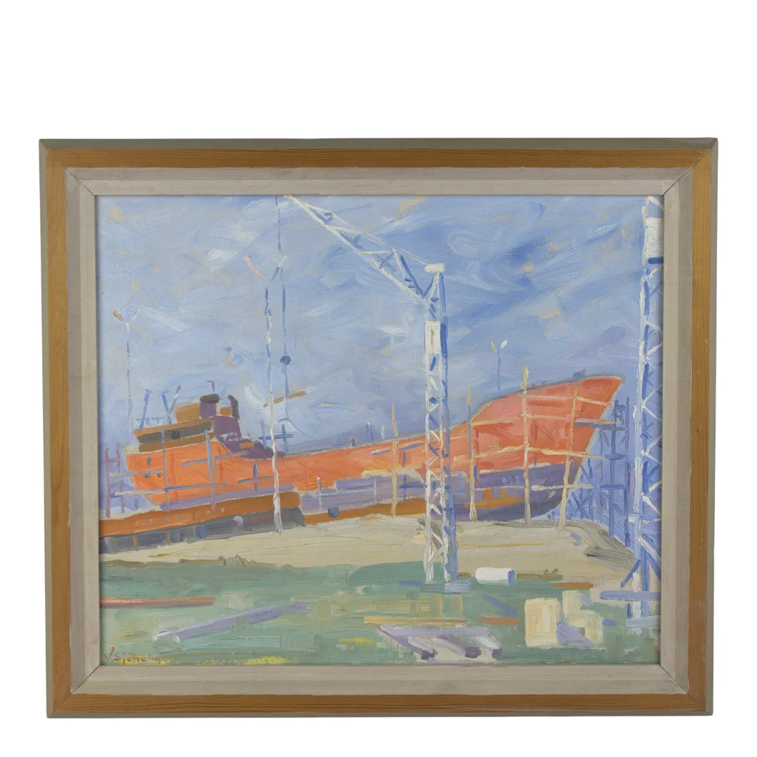 VILLE SJÖHOLM. Olja på pannå, fartyg på land, signerad. — Paintings — Höganäs Auktionsverk
