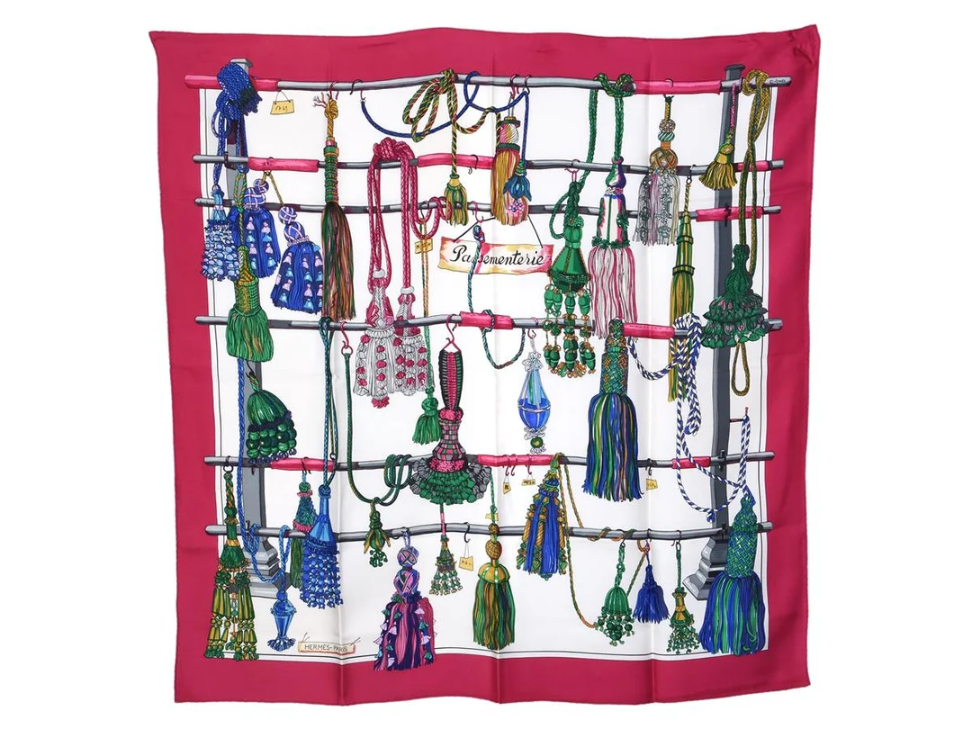 SCARF, HERMÈS, Passementerie, Françoise Heron, 100% siden, 90x90 cm, multifärgad, rosa, grön, blå, vit. — Accessoarer/Scarves — Kaplans