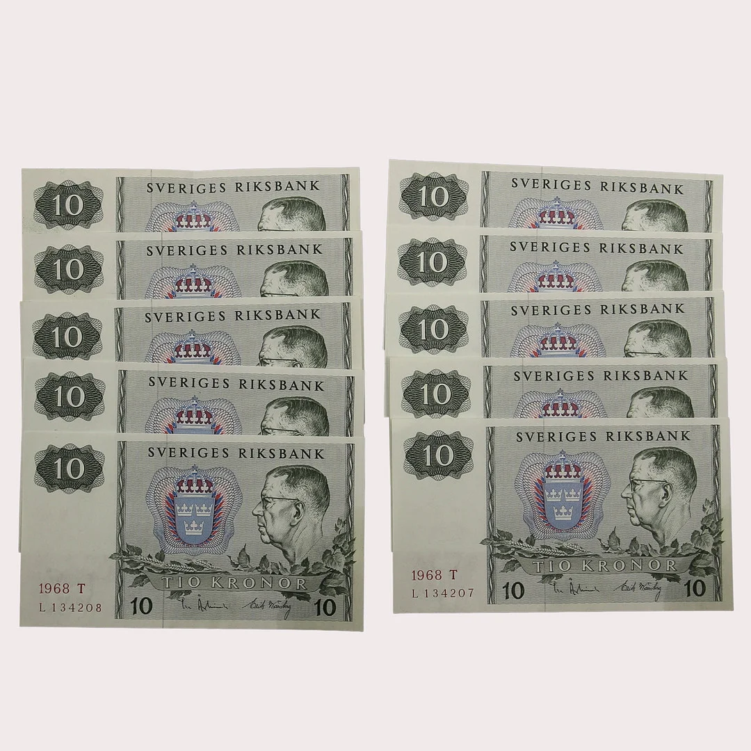 SEDLAR, 10 kronor, 10 stycken i nummerföljd, 1968, Sverige. — Other — Limhamns Auktionsbyrå