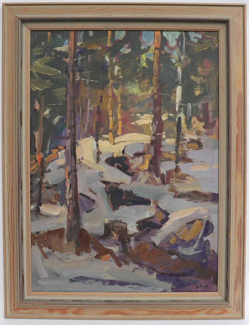 OIDENTIFIERAD KONSTNÄR. Skogsbild, oljemålning på pannå, signerad. — Paintings — Falun Auktionsbyrå