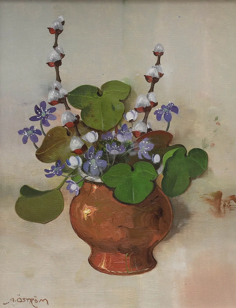 ARVID ÖSTRÖM. olja på pannå, stilleben med vide och blåsippa, signerad A. Öström. — Paintings — Auktionsmagasinet Vänersborg