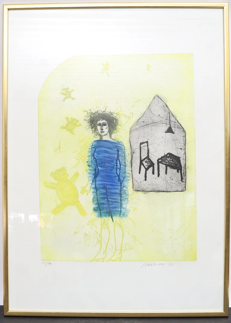 SUZANNE NESSIM. Komposition med kvinna, färglitografi, signerad och numrerad, daterad 86. — Engravings & Prints — Falun Auktionsbyrå
