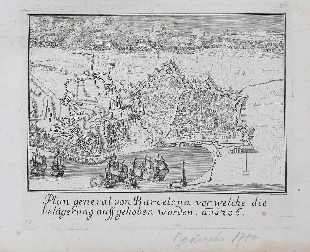 ANTON HEINSCHEIT. Map of Barcelona from 1706. — Engravings & Prints — Balclis