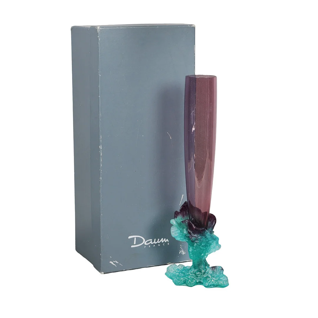 A DAUM AMETHYST GLASS VASE WITH PATE DE VERRE BACCHUS BASE. — Art glass — Bishop & Miller