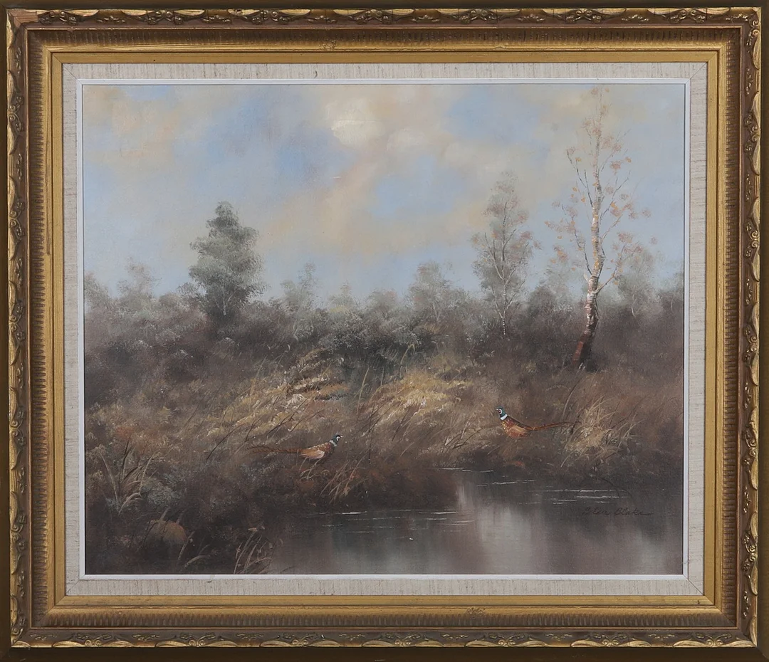 OIDENTIFIERAD KONSTNÄR, Olja på duk, fasaner i höstlandskap, signerad, Peter Blake. — Paintings — Gomér & Andersson Norrköping