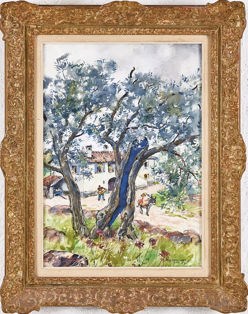 OLLE HJORTZBERG. Sydländskt landskap, akvarell, signerad och daterad Jan 54. — Paintings — Stockholms Auktionsverk Magasin 5
