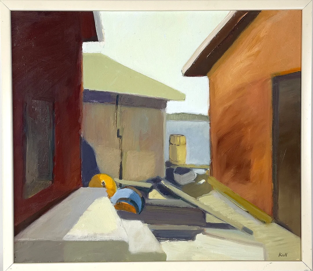 LILL-ANNE KULL, olja på duk, kajbyggnader, signerad Kull. — Paintings — Roslagens Auktionsverk