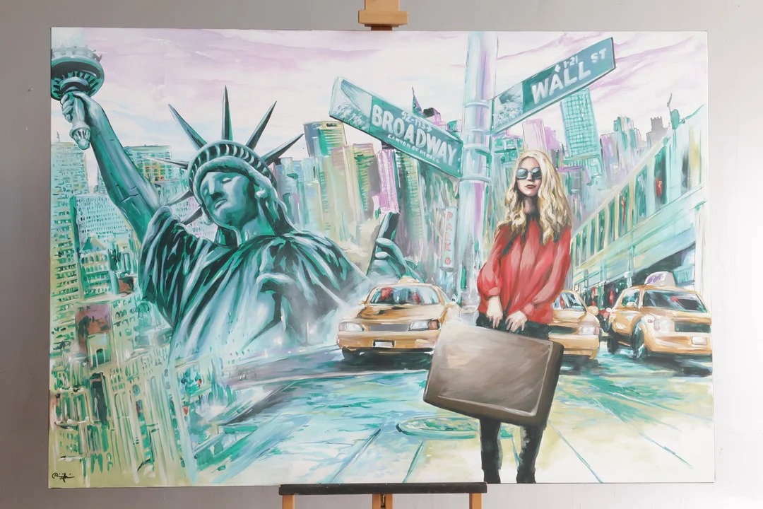 NIKOLAJ THERKILDSEN, DOART. Maimeri akryl på lærred, "The American Dream" Sign. forside og bagside. — Paintings — Woxholt Auktionshus