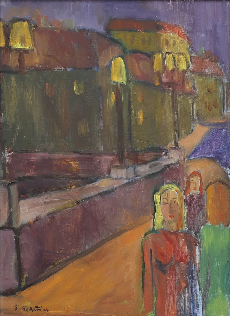 EGON SCHRÖDER. Kvällsmotiv i stad. Olja på pannå, signerad. — Paintings — Auktionshuset Thelin & Johansson