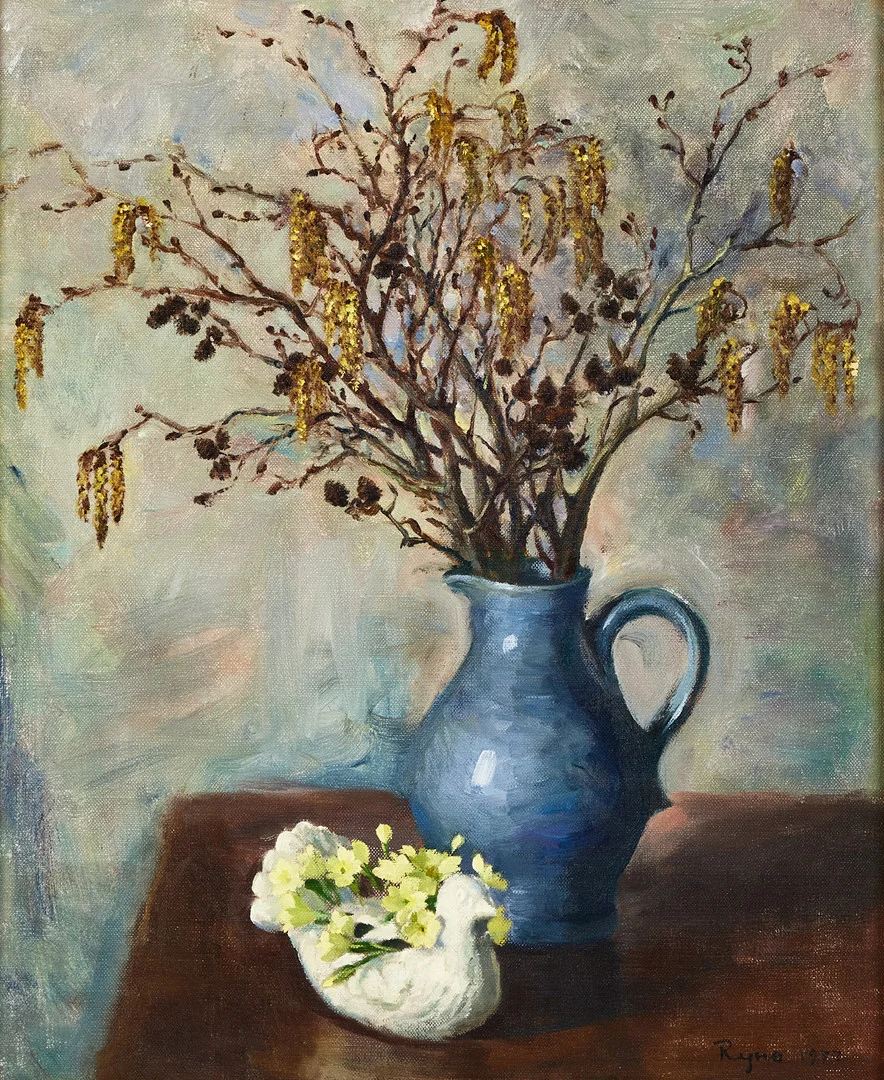 RYNO FRIEBERG. ”Alkvistar och primula”. — Paintings — Stockholms Auktionsverk Magasin 5