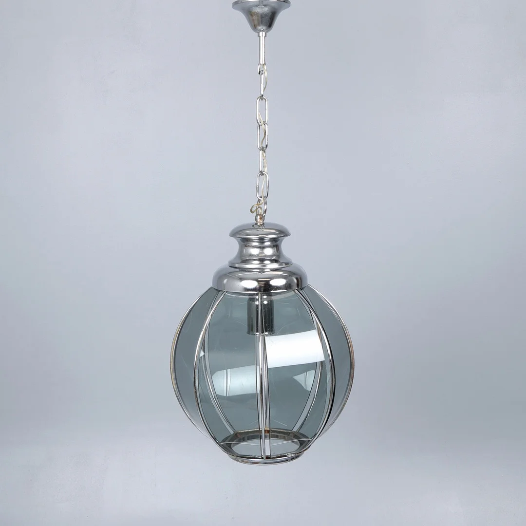 ITALIAN 1970s CHROME AND SMOKED GLASS CEILING PENDANT LIGHT. — Ceiling lights — Young's Auctions