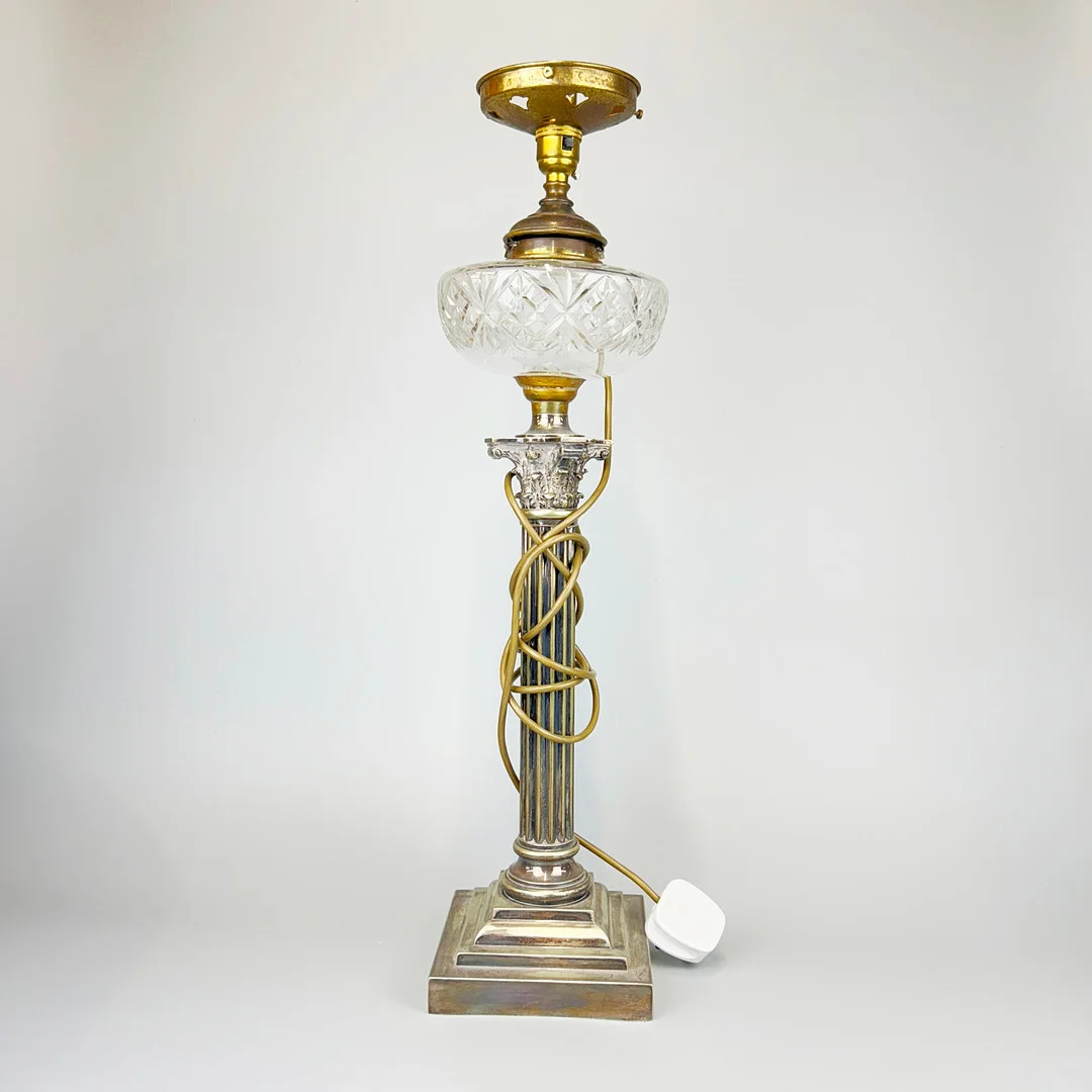 SILVER PLATE & GLASS TABLE LAMP. — Table Lamps — Chalkwell Auctions