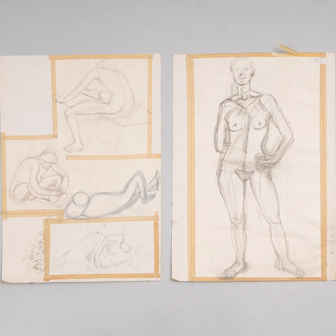 INGRID WANDEL. SKISSER, 2 st, kol på papper. — Drawings — Auktionsbyrån Varberg