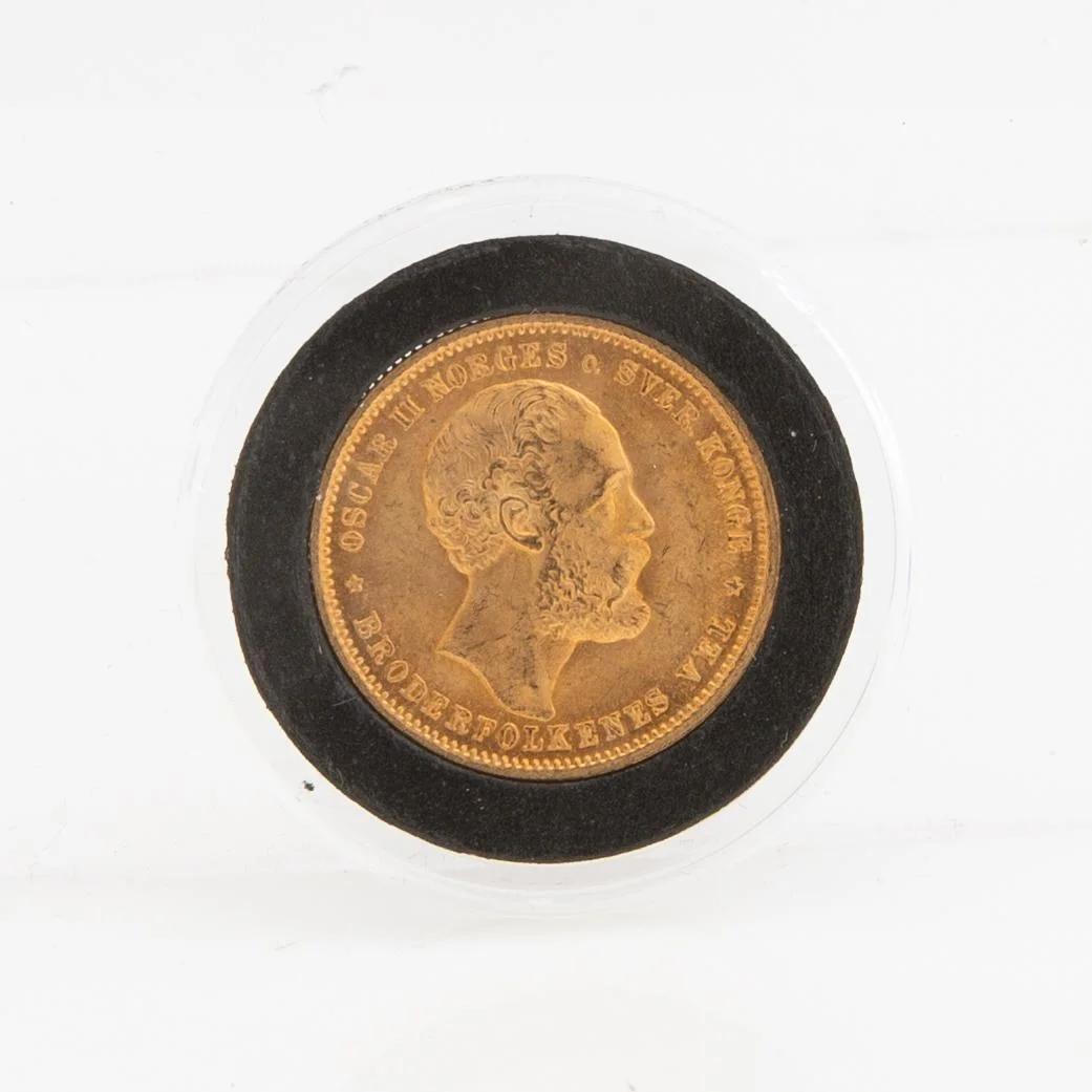 Guldmynt Norge, Oscar II 20 kr, 1878. — Militaria/Mynt — Bukowskis
