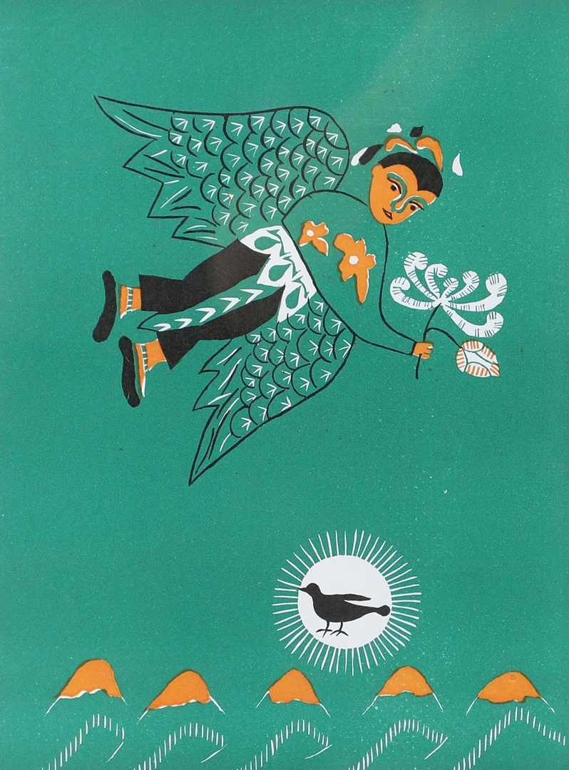 TONG WQANG. Man med vingar, färglitografi, signerad Tong. — Engravings & Prints — Helsingborgs Auktionskammare