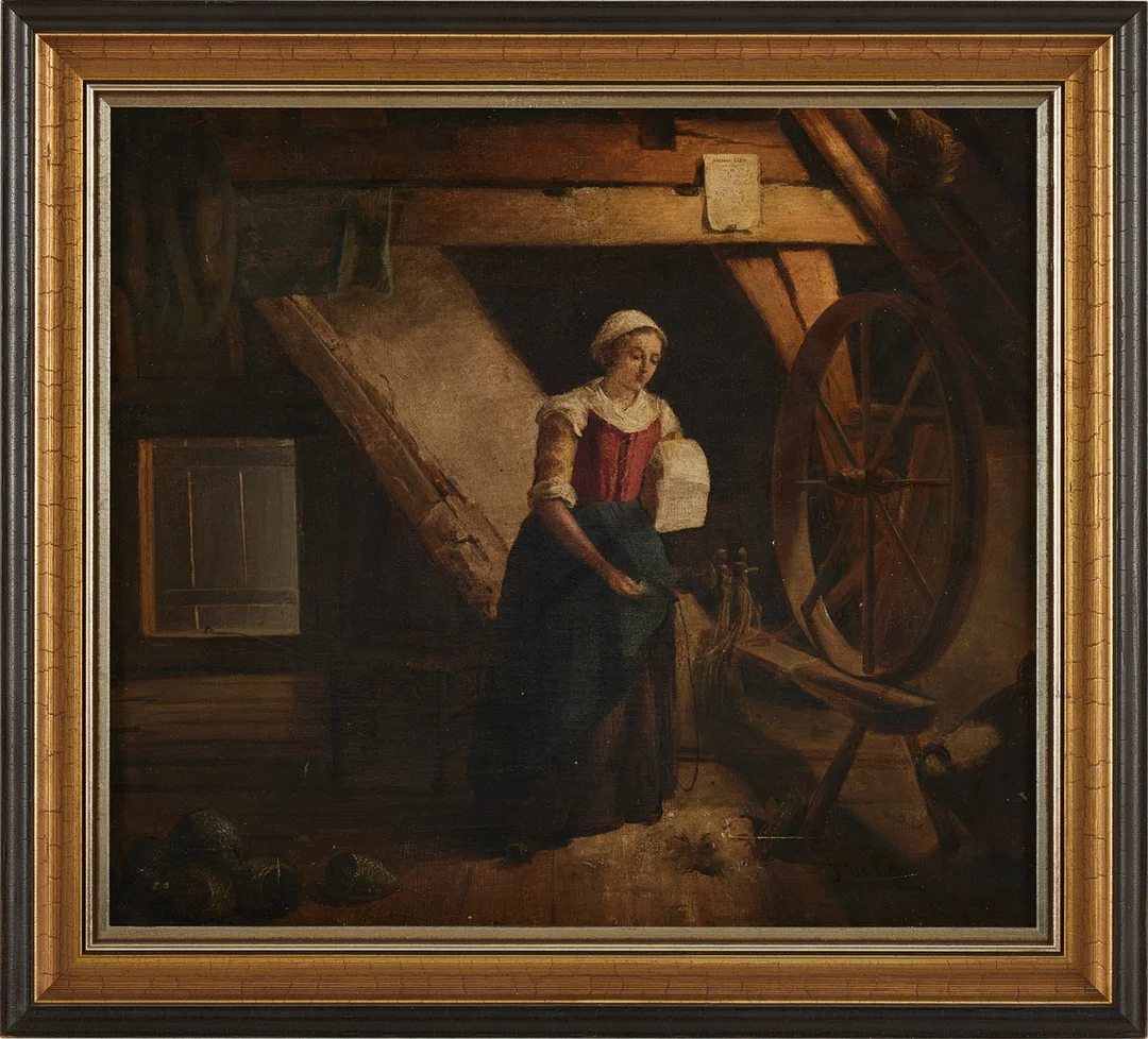 OIDENTIFIERAD KONSTNÄR, 18/1900-TAL. Vid spinnrocken. — Paintings — Stockholms Auktionsverk Magasin 5