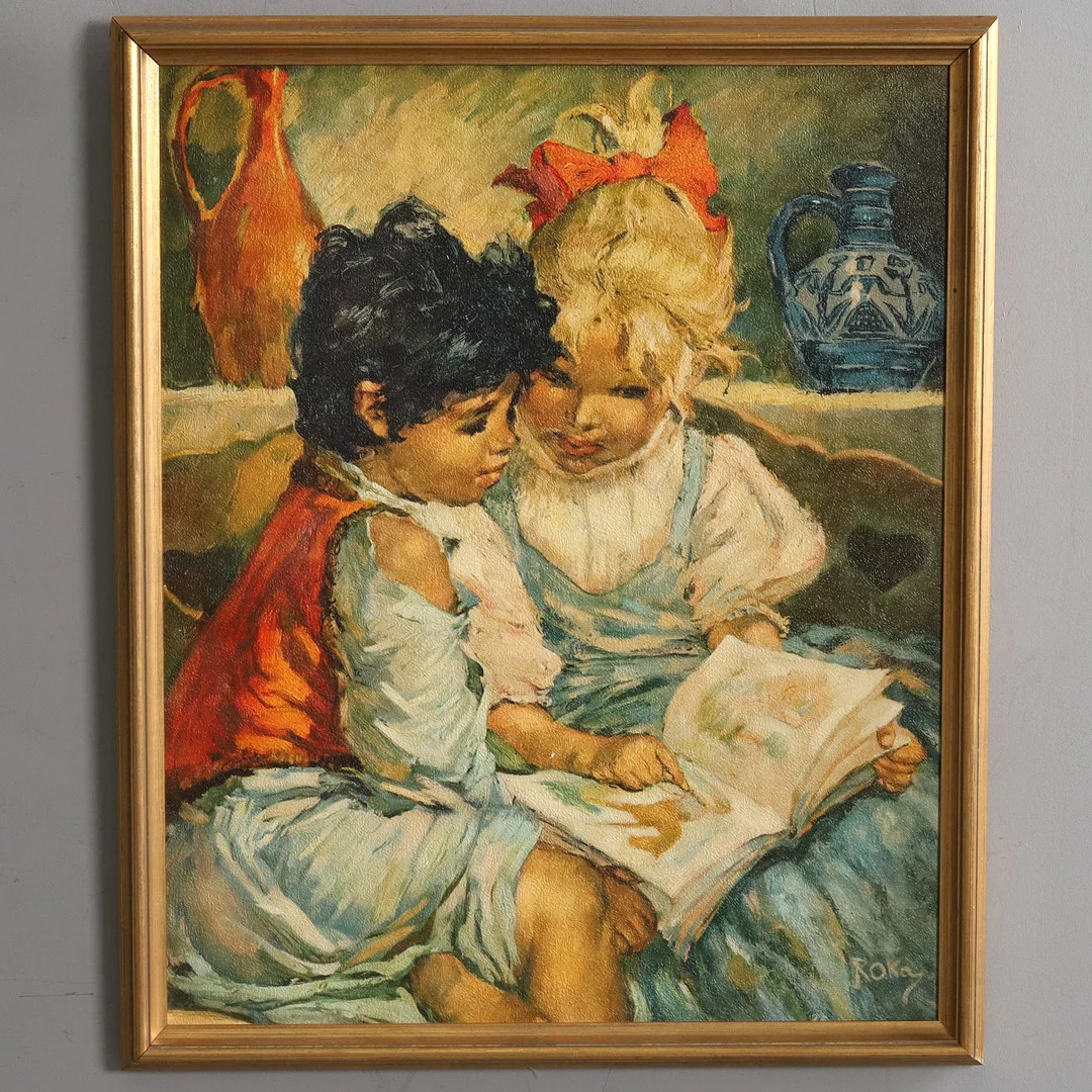 CHARLES ROKA. OLJETRYCK PÅ DUK, "bokstunden". — Other — Örebro Stadsauktioner