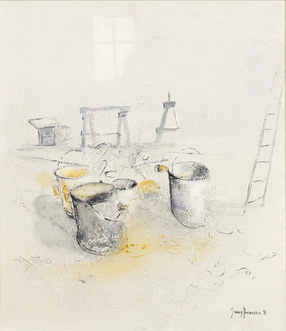 JOHNNY ANDERSSON. Olja på duk, komposition med hinkar och stege, signerad, daterad -91. — Paintings — Karljohan Auktioner