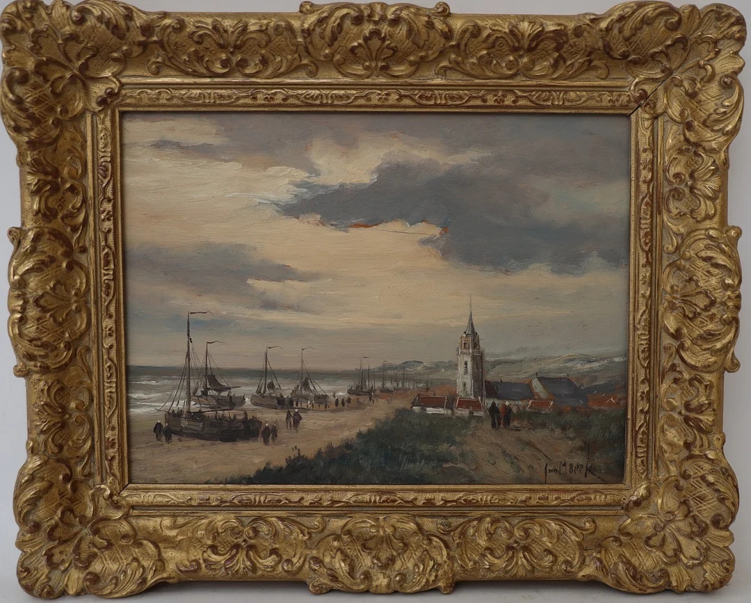 JURIAEN MARINUS VAN BEEK. Strandbank med figurer och bebygelse, oljemålning på träskiva, signerad. — Paintings — Falun Auktionsbyrå