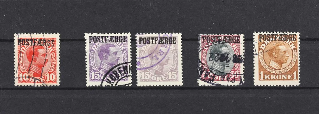 Postferry. 1919–1920. Christian X. 10 Øre, 15 Øre incl. pale violet, 50 Øre and 1 Kr. 5 used stamps — Stamps, Covers & Postal History/Denmark/Postfærge — Bruun Rasmussen