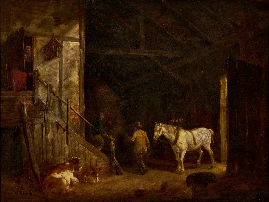 ENGELSK SKOLA (1800-tal): Stallinteriör, signerad C Petergeil?-67, olja på pannå. — Paintings — Crafoord Auktioner Stockholm