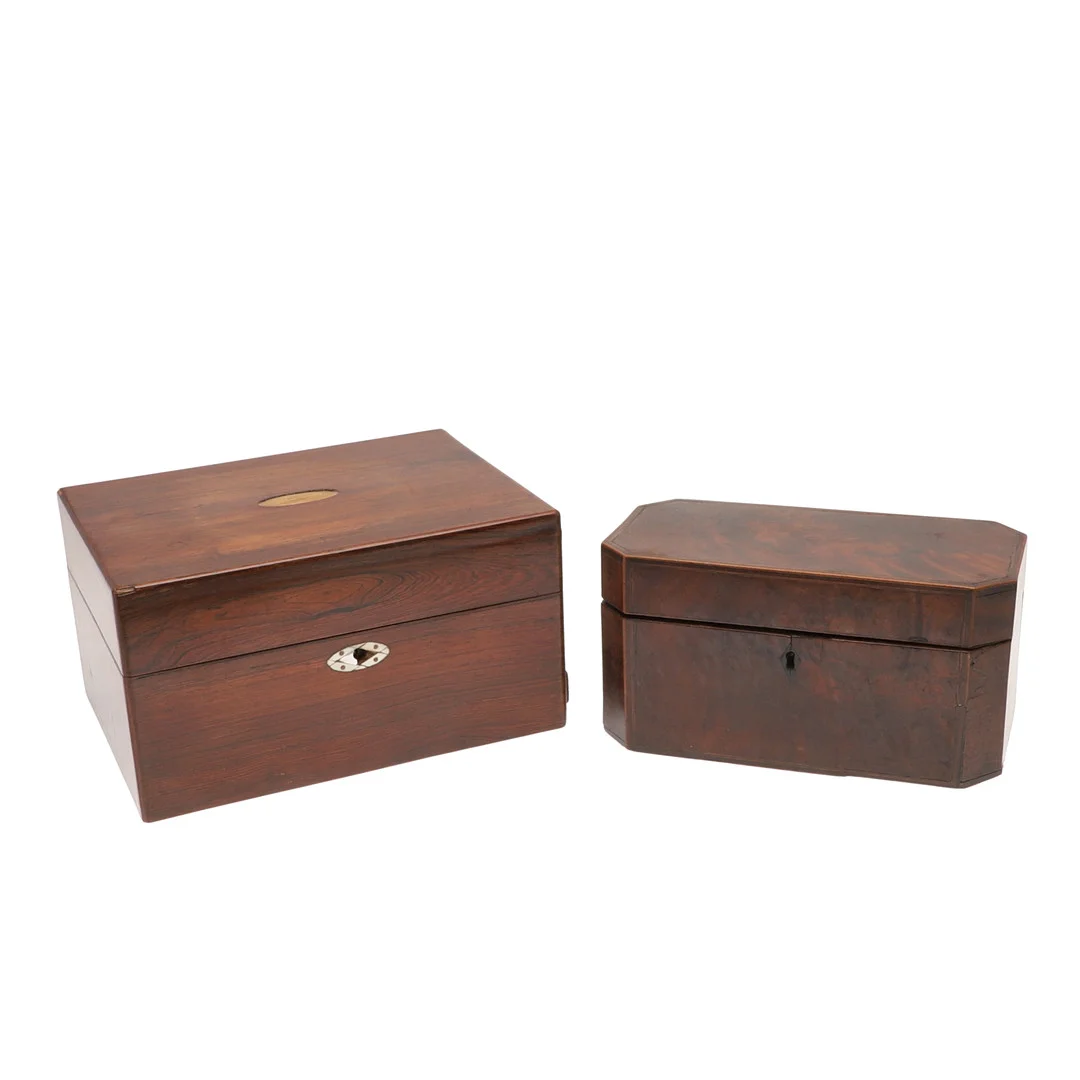 VICTORIAN ROSEWOOD FITTED BOX & MAHOGANY TEA CADDY. — Other — Lawrences Auctioneers