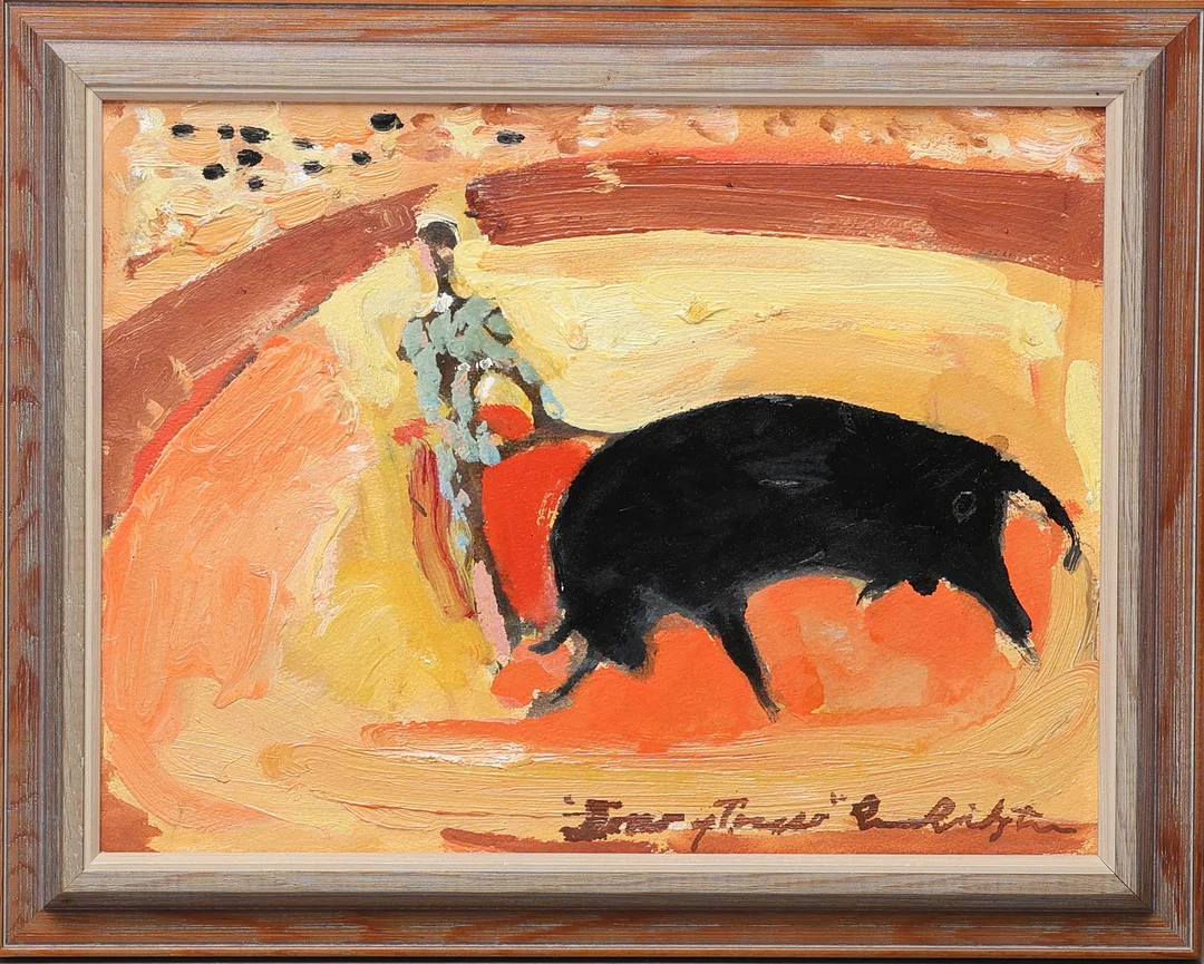 OIDENTIFIERAD KONSTNÄR. Tjurfäktning, olja på pannå. — Paintings — Gomér & Andersson Jönköping