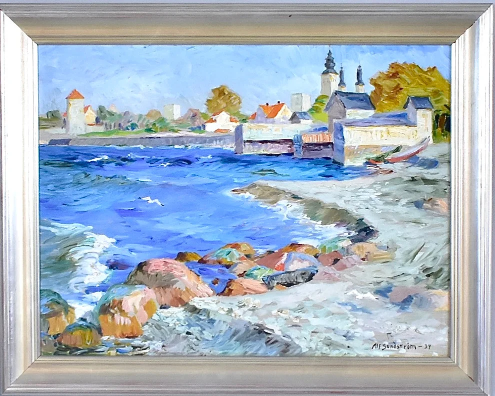 ALF SUNDSTRÖM. oljemålning på pannå, Visbymotiv med Almedalen och domkyrkan. — Paintings — Halmstads Auktionskammare