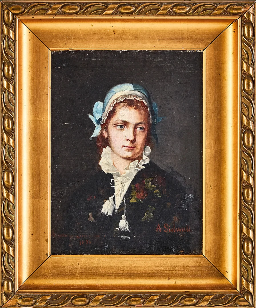 AMANDA SIDWALL. Flickporträtt, olja på duk uppfodrad på pannå. — Paintings — Stockholms Auktionsverk Magasin 5