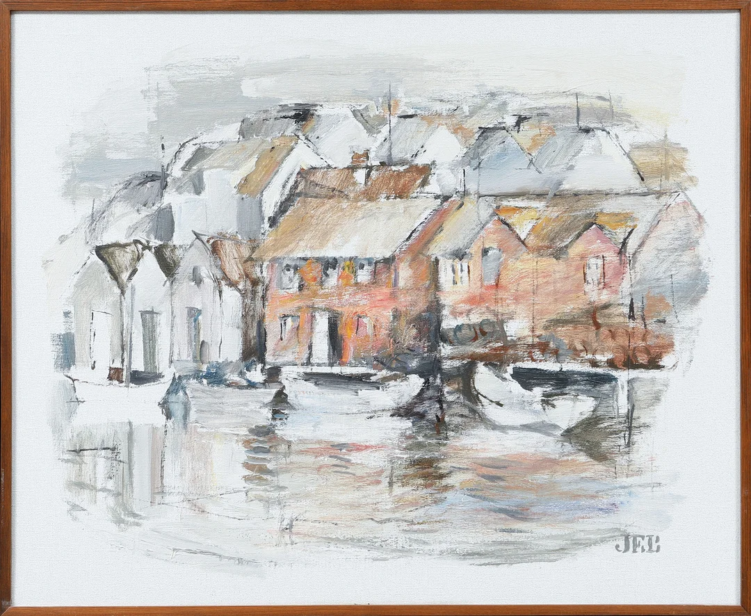 JAN ERIK BÄCKERSTEN. "Röda magasin klädesholmen", olja på duk, signerad. — Paintings — Göteborgs Auktionsverk