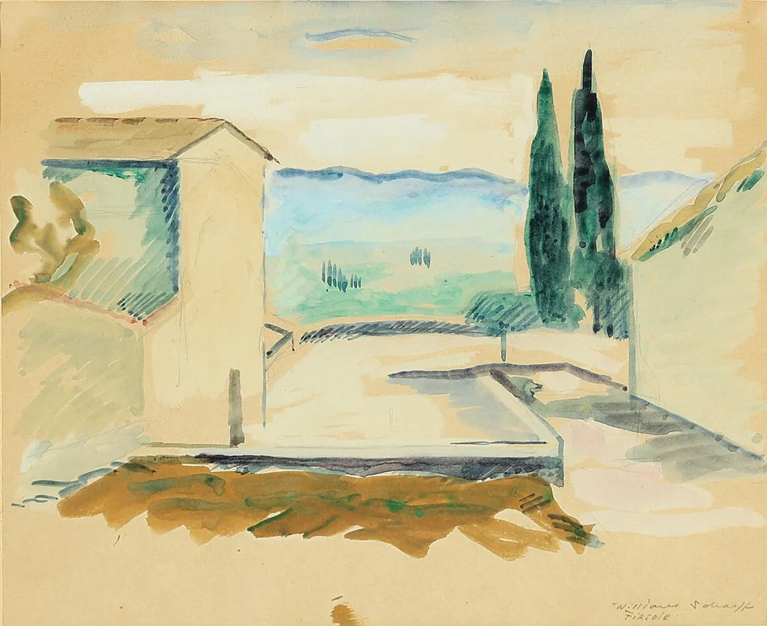 Landscape of Fiesole. Signed William Scharff. Watercolour on paper. Visible size 22×27 cm. — Modern Paintings/Classical modernism — Bruun Rasmussen