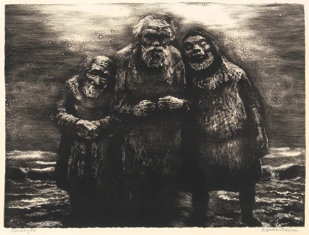 Johnson, Kaare Espolin — "De tre hellige gamle menn" 1983 — Kunst/Grafikk — Blomqvist
