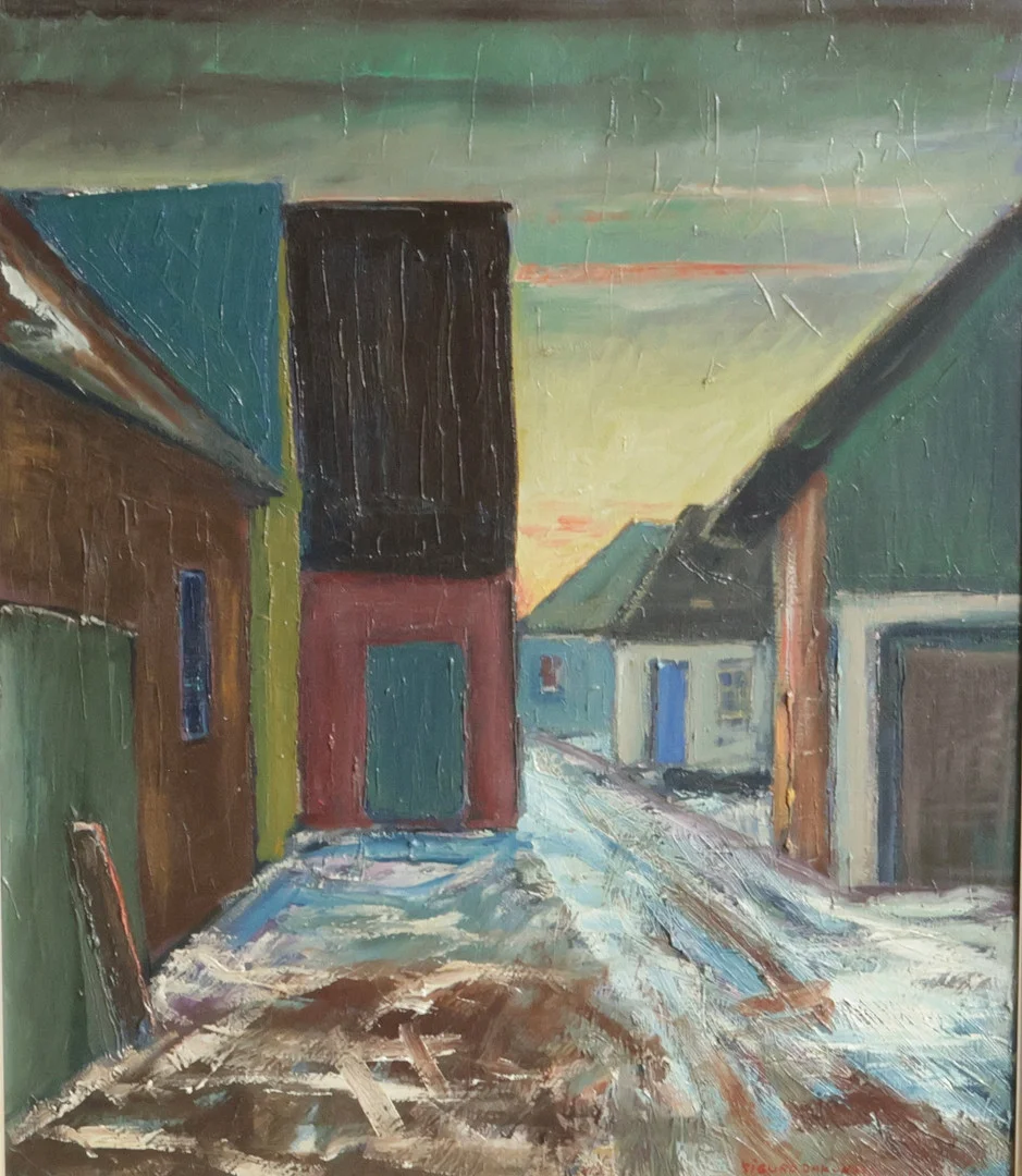 NIELS SIGURD JACOBSEN (1907-?). Gadeparti fra Bagenkop. Olie på lærred. Sign. Sigurd Jacobsen. — Paintings — Woxholt Auktionshus