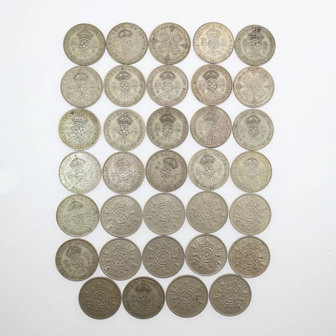 COLLECTION OF GEORGE V, GEORGE VI, AND ELIZABETH II 2 SHILLINGS, INC. SILVER. — Coins & Banknotes — Young's Auctions