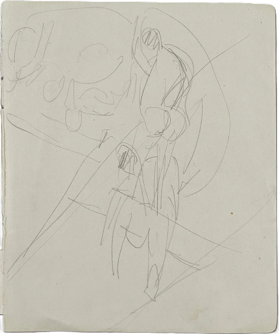 KIRCHNER, ERNST LUDWIG. Artisten am schwingenden Trapez, ca. 1911, Bleistift auf Skizzenbuchpapier. — Drawings — Auktionshaus Blank