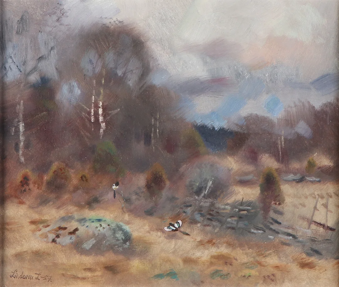 LINDORM LILJEFORS. Oljemålning på duk. Skator i landskap. Signerad och daterad -57. — Paintings — Skånes Auktionsverk